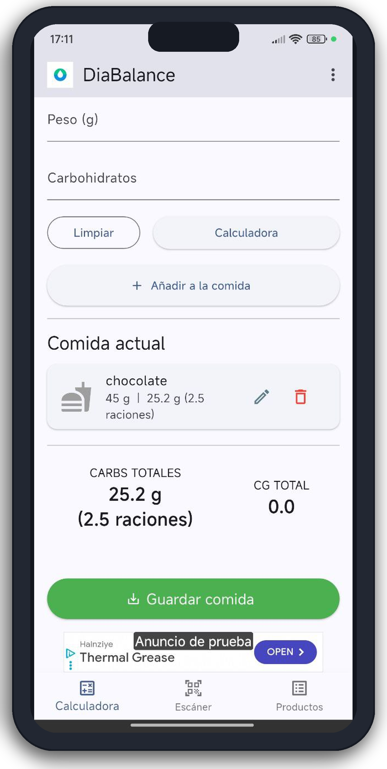 DiaBalance carbohydrate calculator and meal screen