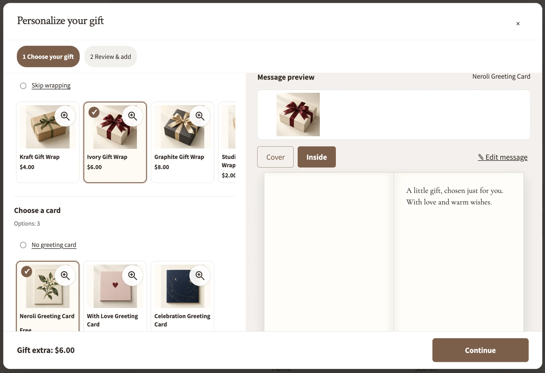 Gift Wrap & Messages storefront gift selector