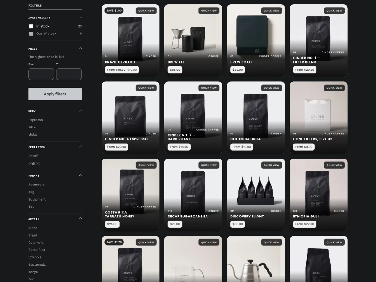 Cinder Coffee catalogue in the Basalt preset: four photographic overlay cards across, each with a Quick view chip in the top corner and index, origin, name and price over the gradient