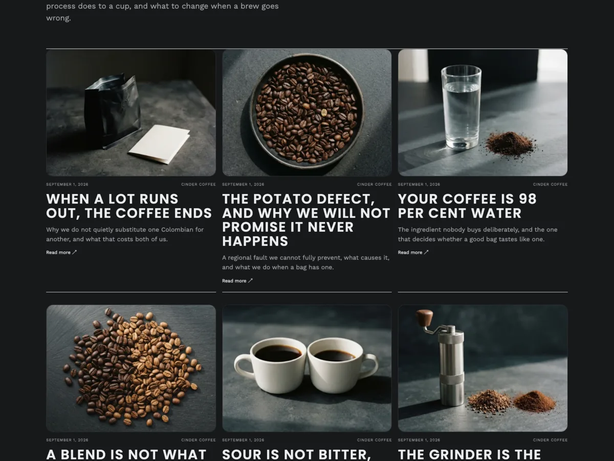 Cinder Coffee Journal index: article cards on the dark ground with their own covers, dates and headlines