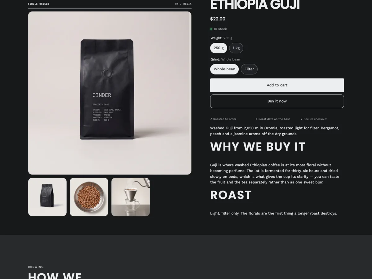 Ethiopia Guji product page: origin, process and roast set out beside the bag, with brewing guidance below