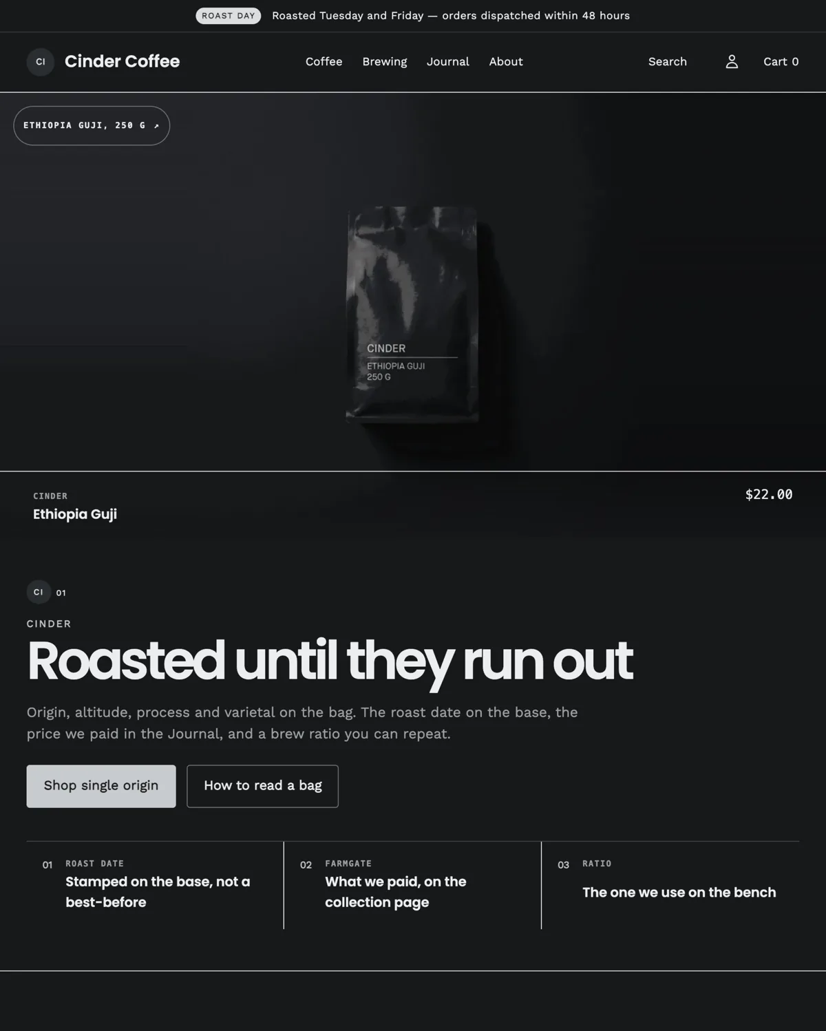 Cinder Coffee home page in the Basalt preset: a near black storefront with a photographic hero and roast information