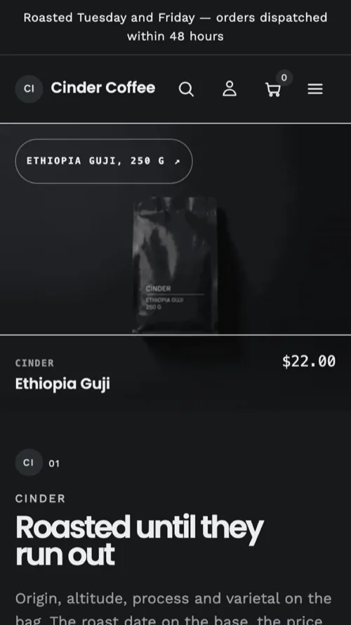 Cinder Coffee home page on a phone: the dark hero stacked with the roast line and shop button