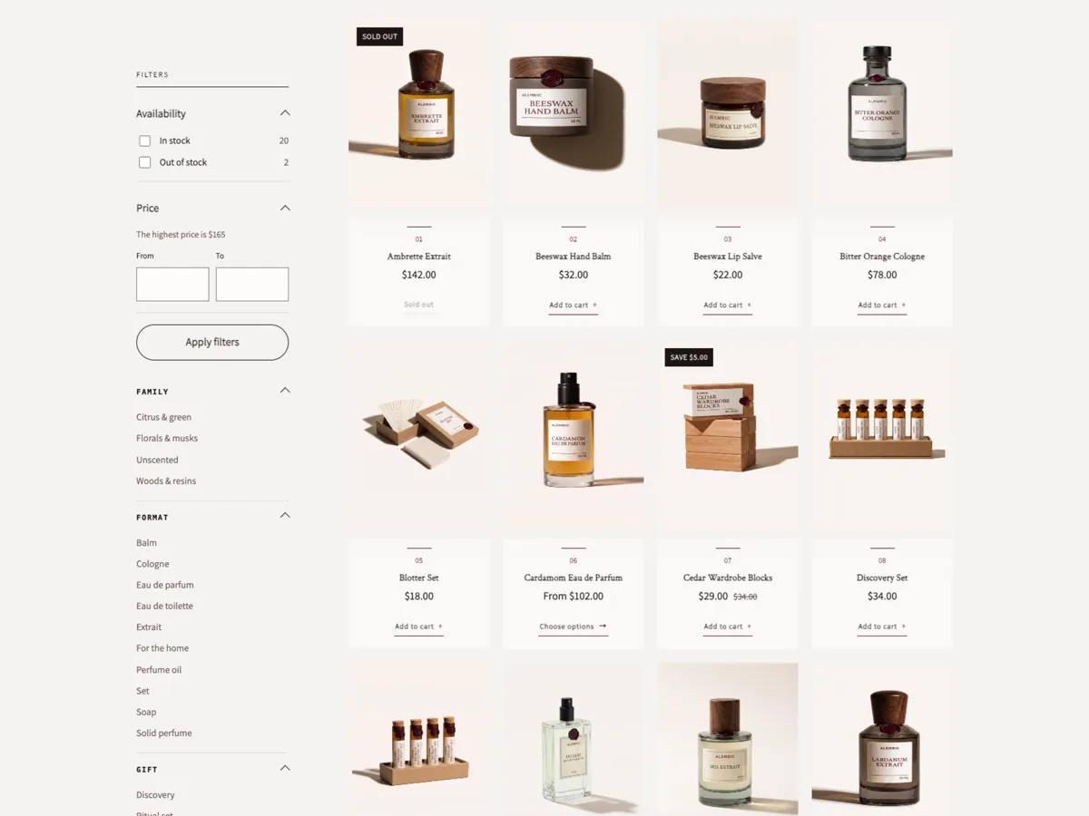Alembic catalogue in the Claret preset: four apothecary cards across, tall warm photographs over centred captions parted by a short accent rule, each with a lettered add to cart line