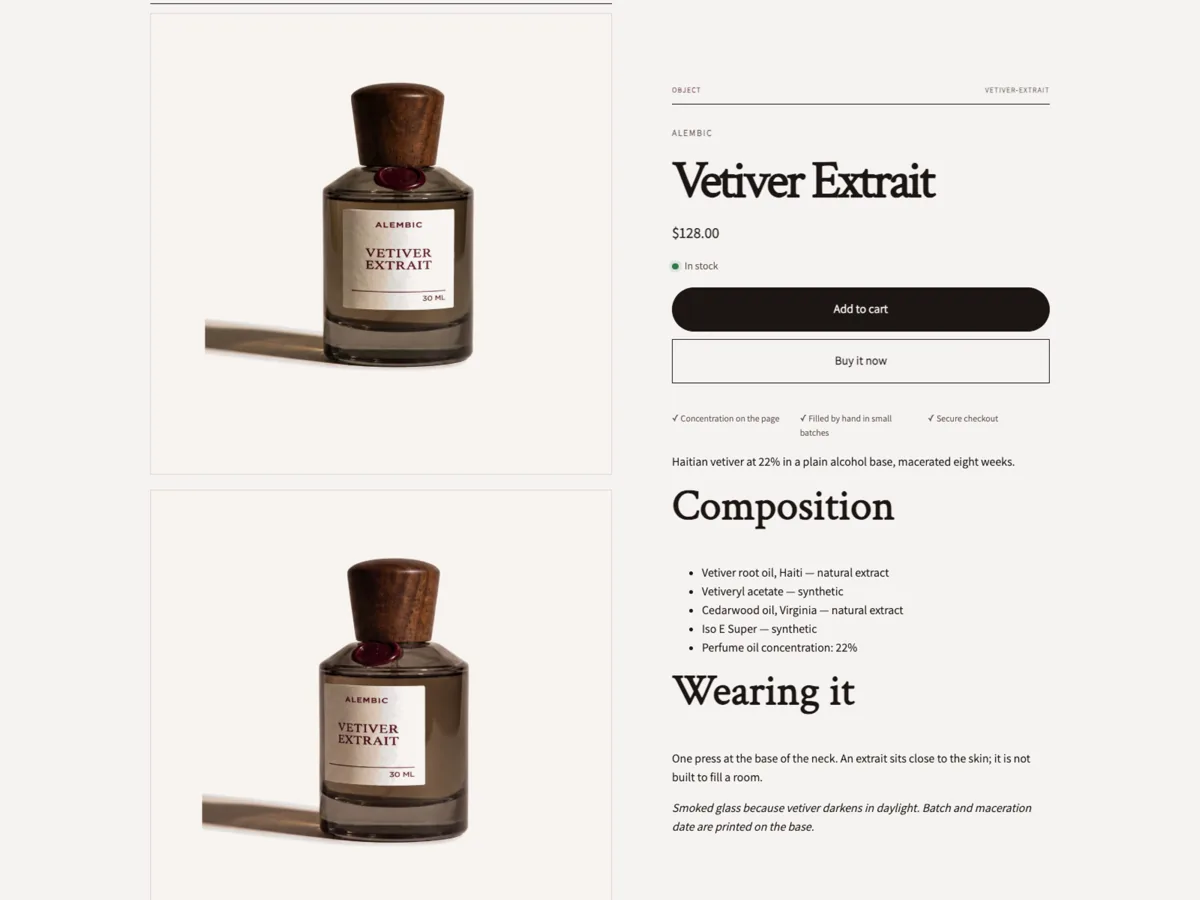 Vetiver Extrait product page: the four frames of the gallery stacked at full width beside concentration, materials and batch information