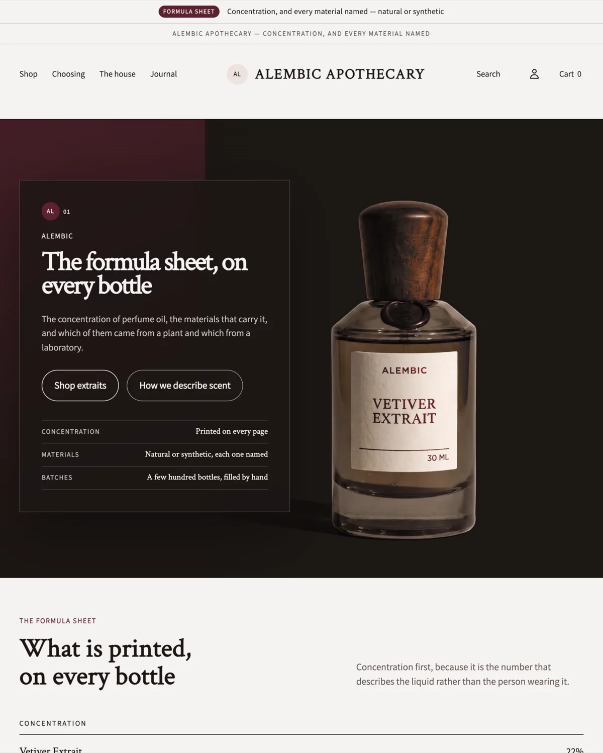 Alembic Apothecary home page in the Claret preset: a centred wordmark, warm editorial hero and a perfume bottle photographed against a blush ground