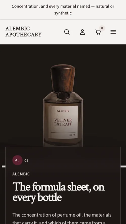 Alembic Apothecary home page on a phone: centred masthead above the warm hero and the bottle