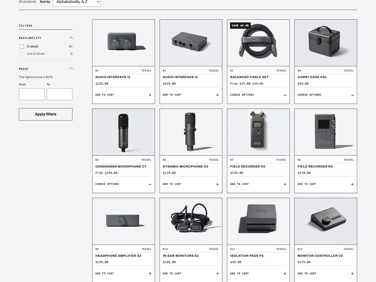 Tessel Audio catalogue in the Graphite preset: four specification cards across, each with a landscape product plate, monospace index and vendor, price and a full width uppercase control
