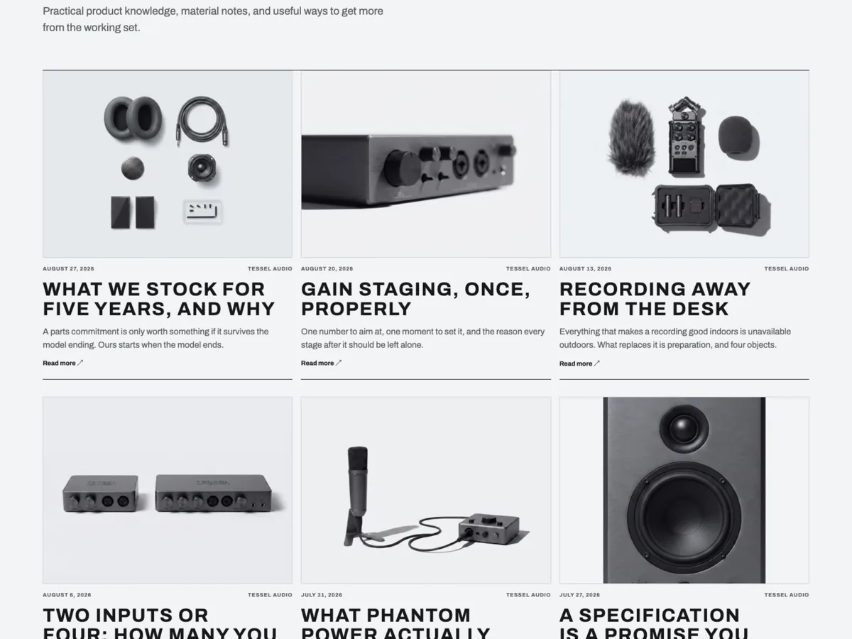 Tessel Audio Journal index: article cards in the cold technical palette with covers, dates and headlines