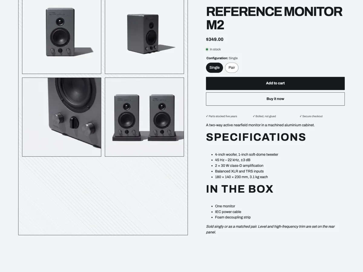 Reference Monitor M2 product page: measured specifications set as labelled rows beside the media, with the condition each figure was measured under