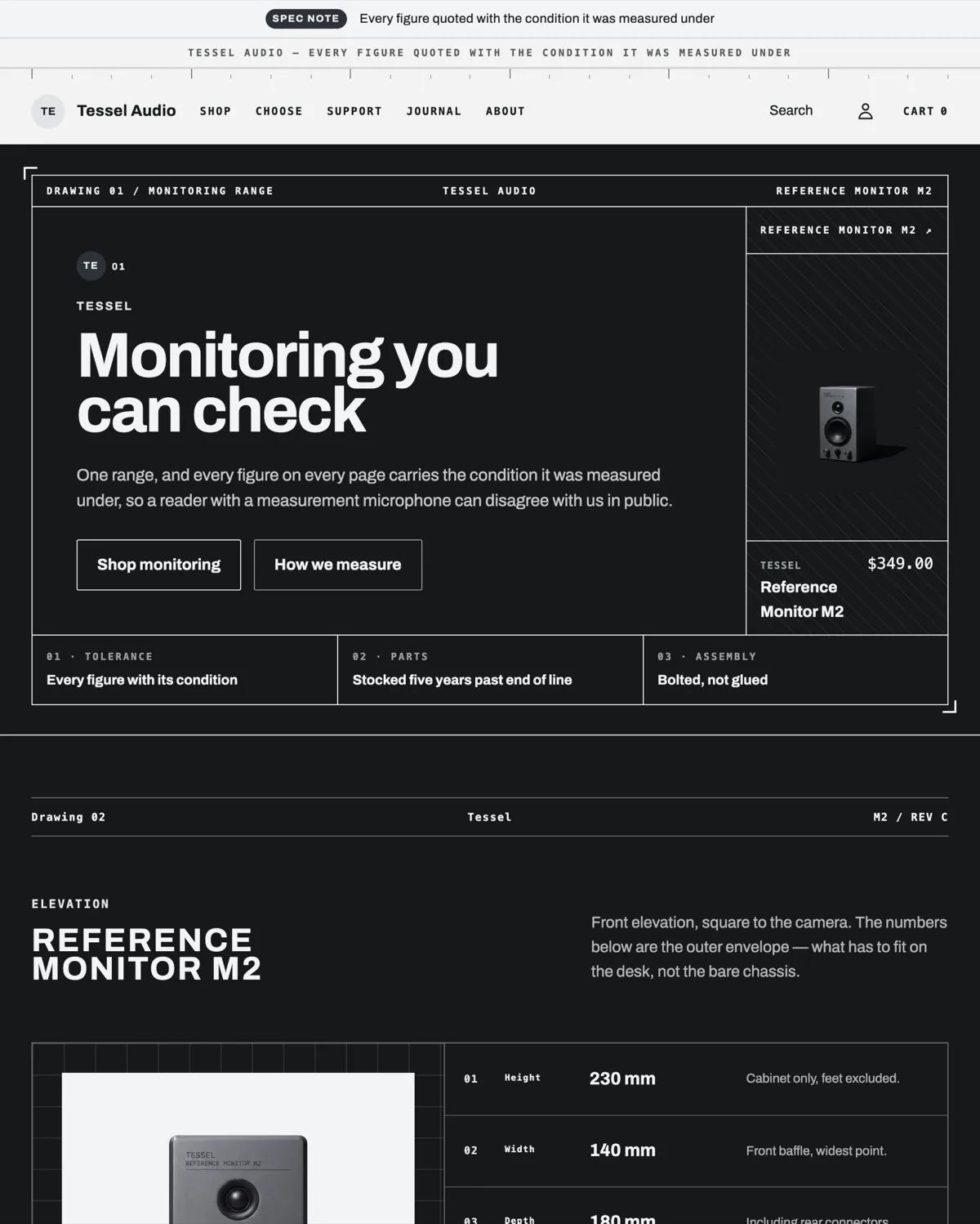 Tessel Audio home page in the Graphite preset: a drawing sheet frame around the hero, the title block reading DRAWING 01 / MONITORING RANGE, and a studio monitor on the right