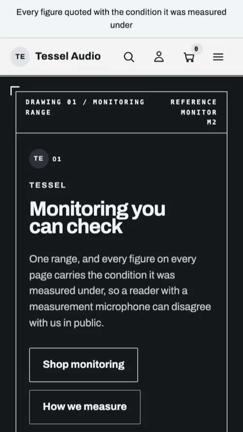 Tessel Audio home page on a phone: the drawing sheet frame stacked, headline