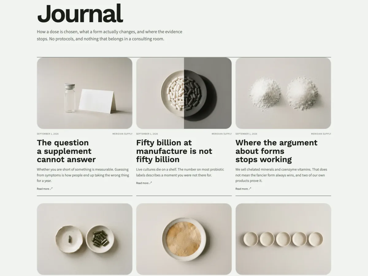 Meridian Journal index: article cards in the pale laboratory palette with covers, dates and headlines