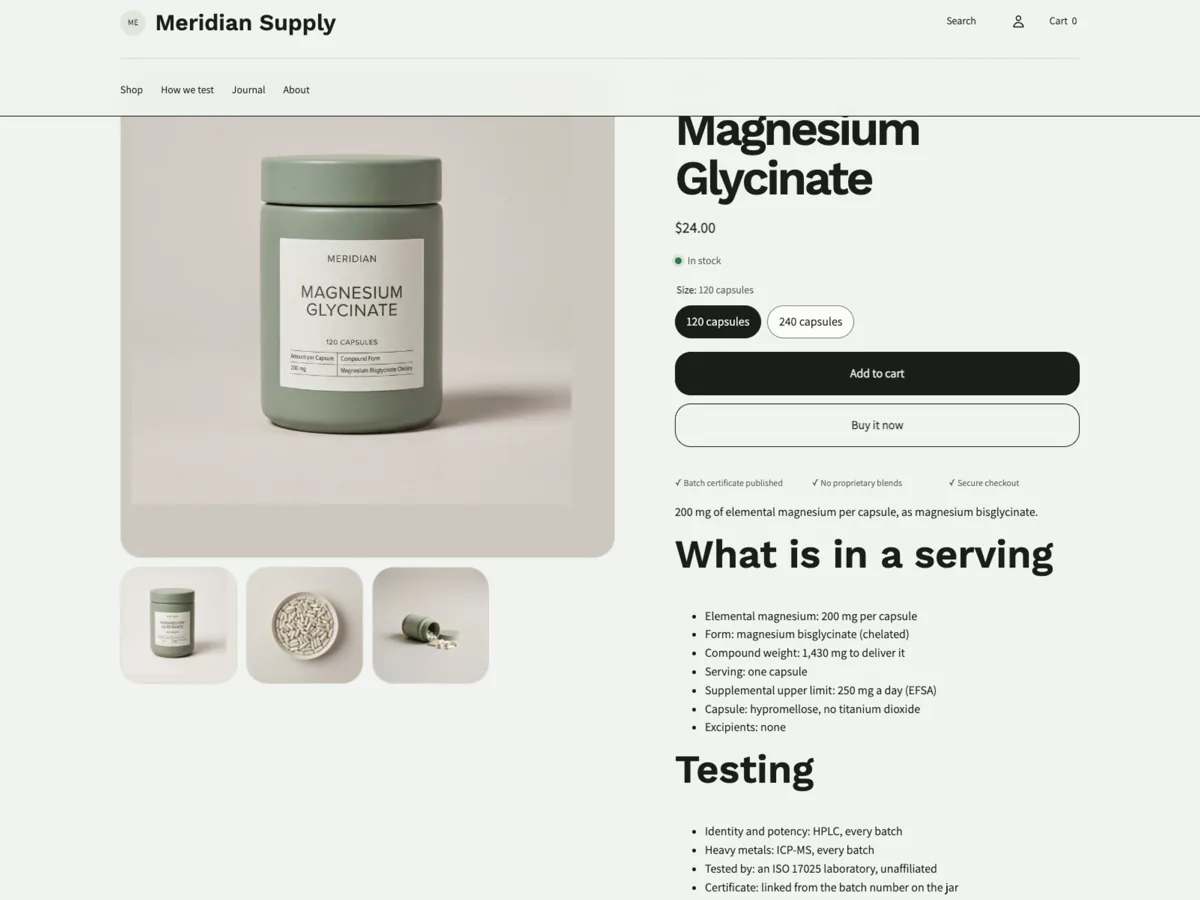 Magnesium Glycinate product page: dose, format and composition as labelled rows beside the media, with the certificate of analysis referenced