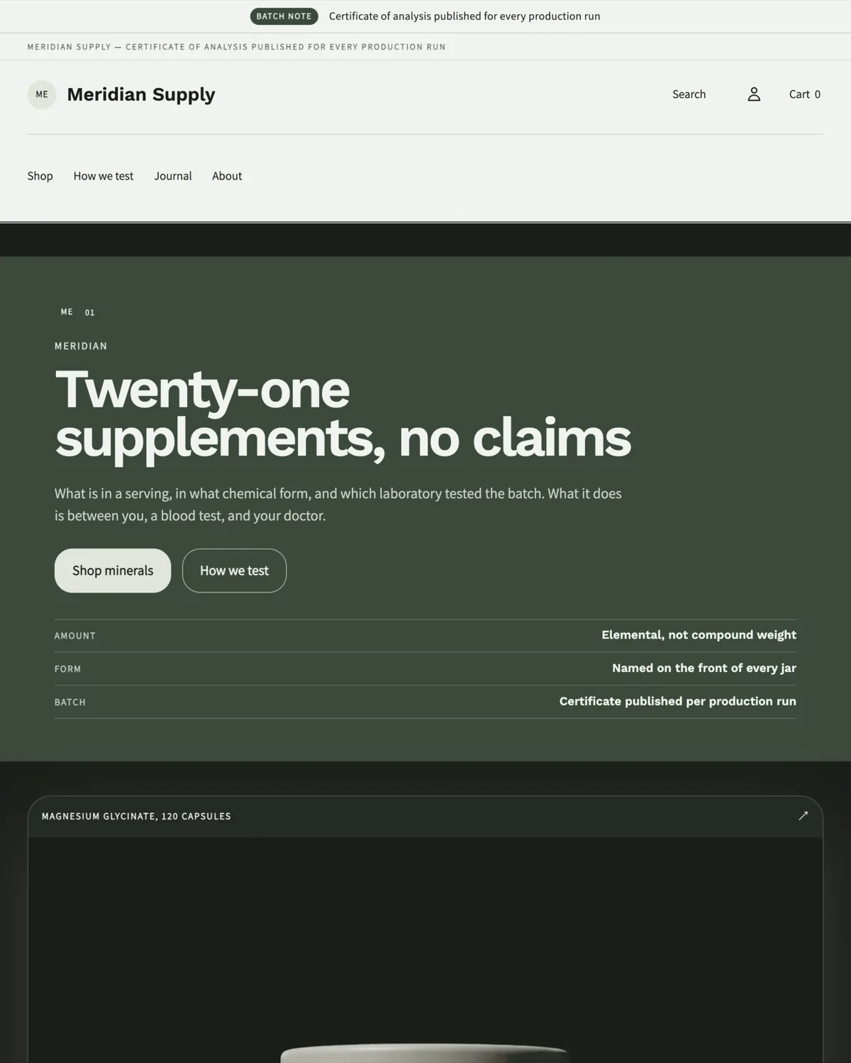 Meridian Supply home page in the Sage preset: a pale green storefront with a two row header, editorial hero and a supplement jar