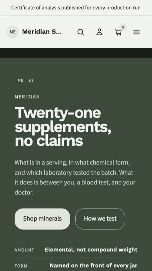 Meridian Supply home page on a phone: the pale hero stacked above the jar and the batch note