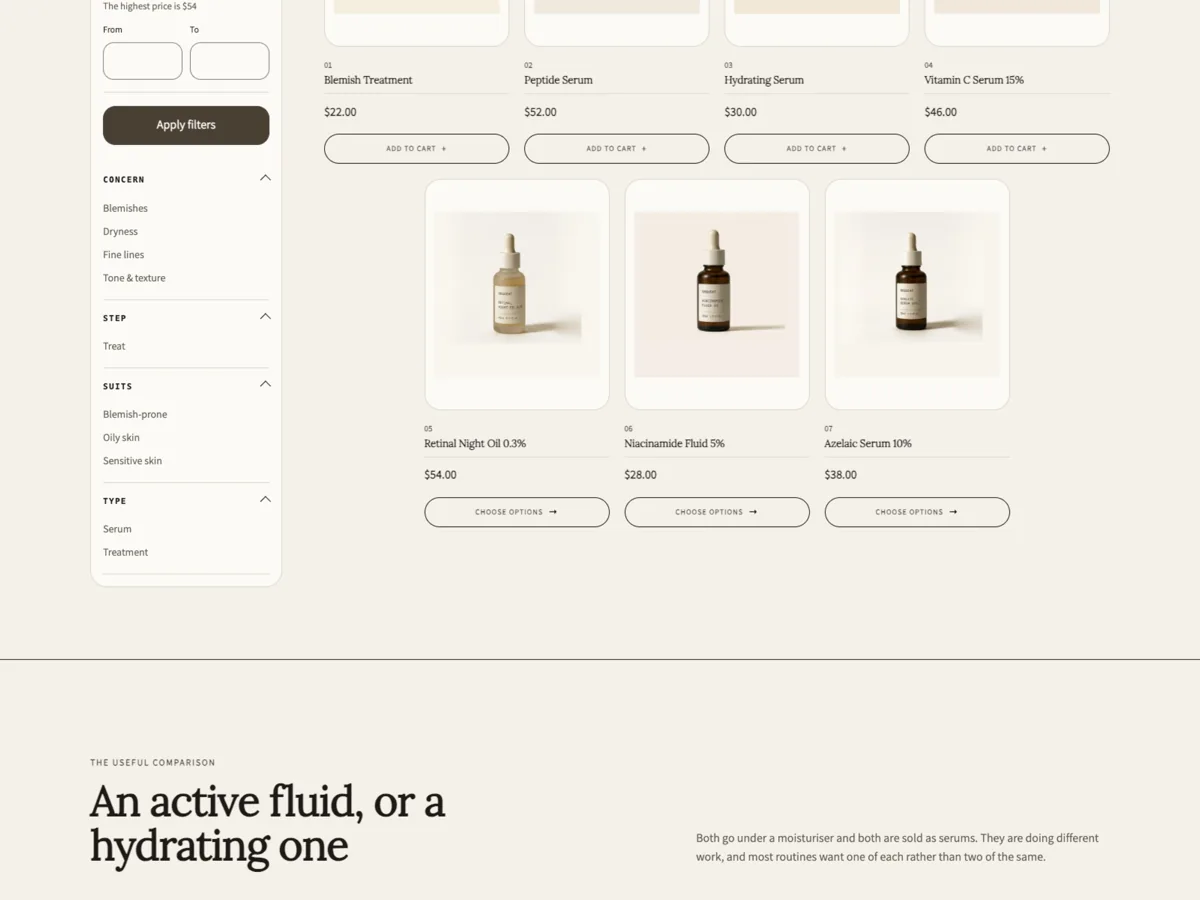Serums collection in the Verity preset: four clinic cards across, each product photographed whole on a tinted plate above a hairline, price and an outlined add to cart control