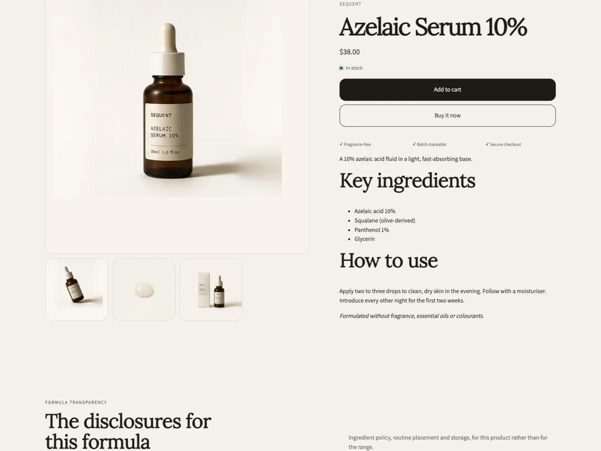Azelaic Serum product page: stacked media on the left, name, price and add to cart on the right, followed by key ingredients and how to use