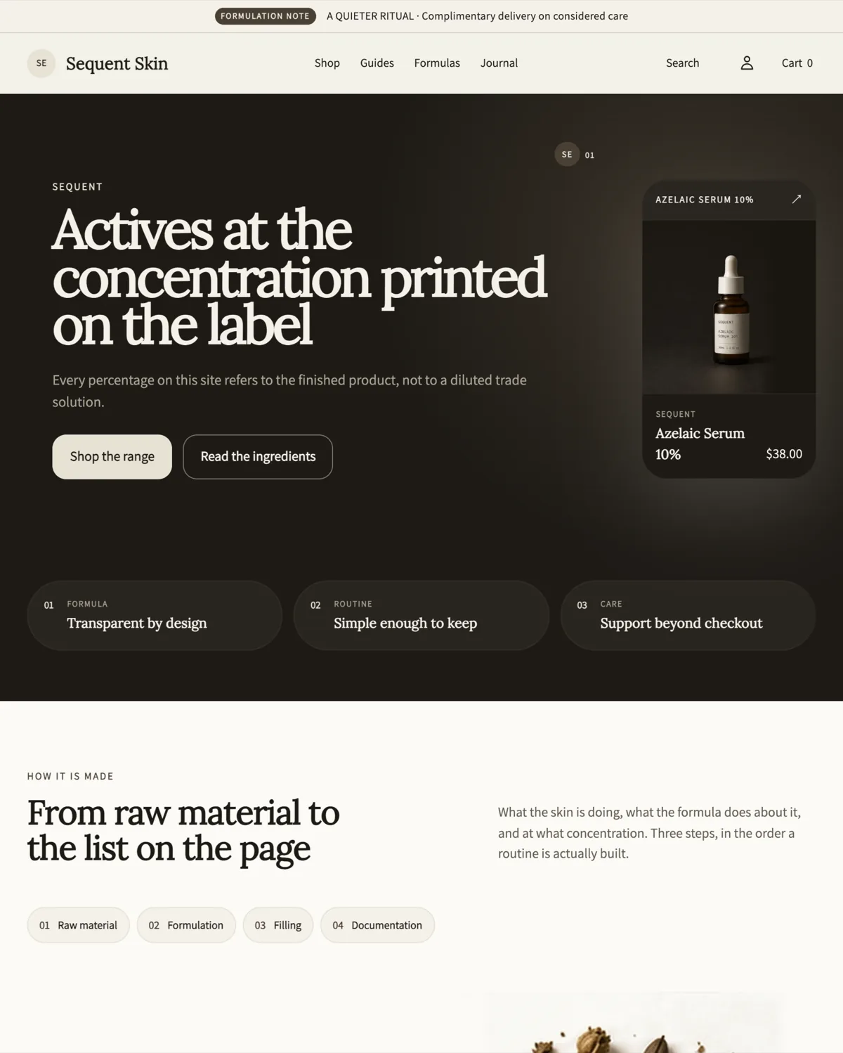 Sequent Skin home page in the Verity preset: a dark editorial hero reading