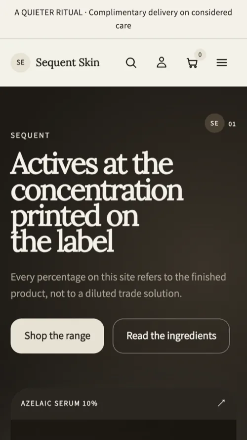 Sequent Skin home page on a phone: the editorial hero stacked above the product card, with the shop and ingredients buttons full width